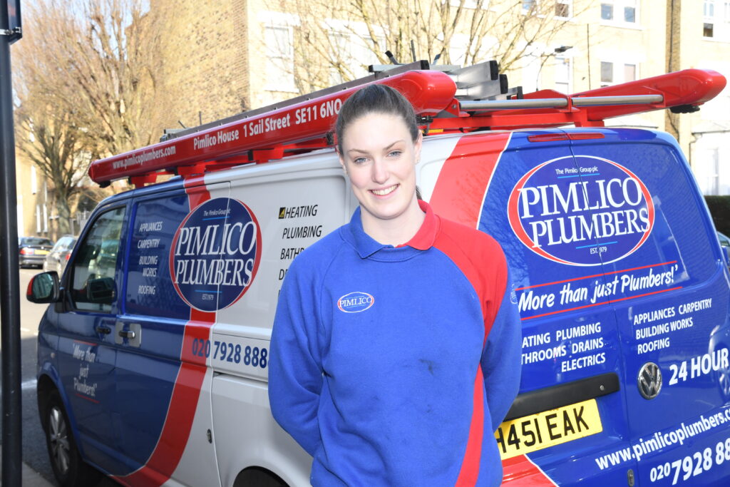 sophie in front of van