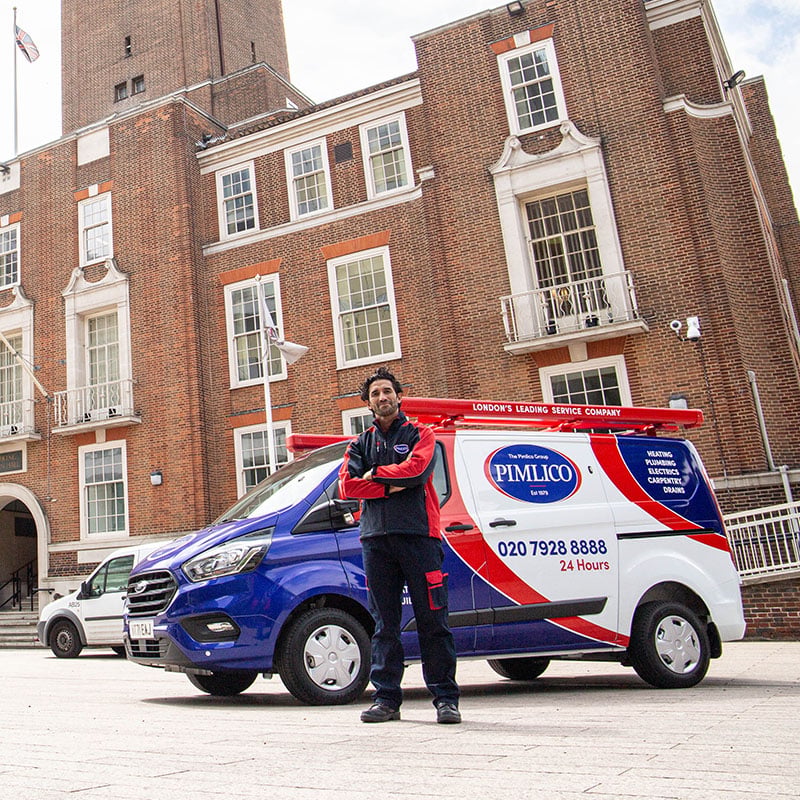 Pimlico engineer and van outside Barking town hall