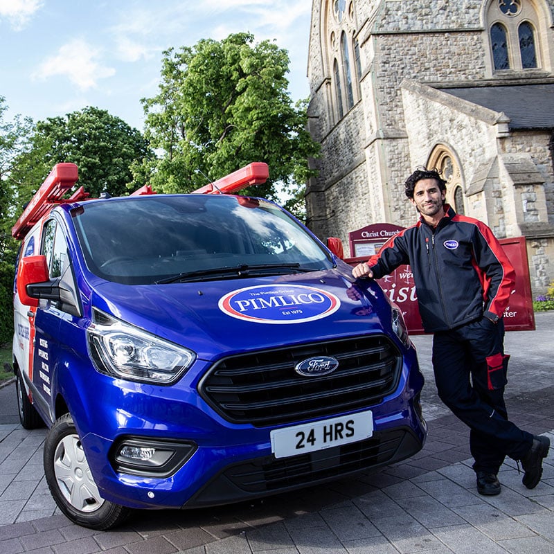 Pimlico engineer and van outside a church in Bexley