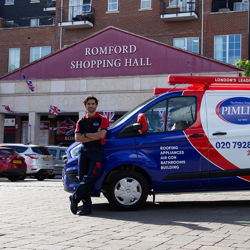 Pimlico engineer and van outside Romford shopping hall