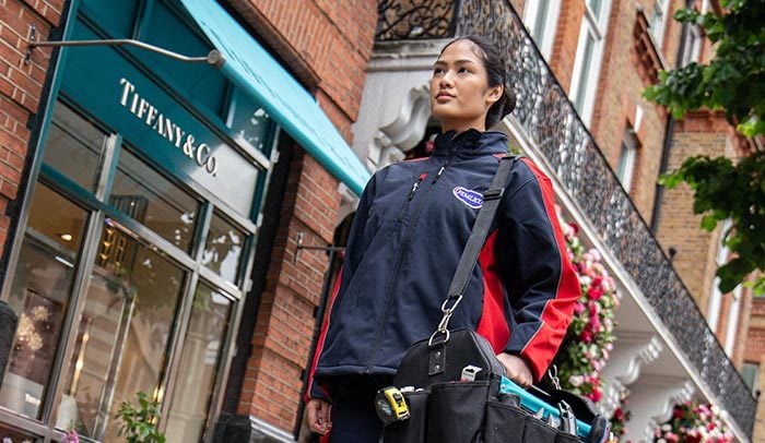 Pimlico engineer walking in Sloane Square in Kensington and Chelsea