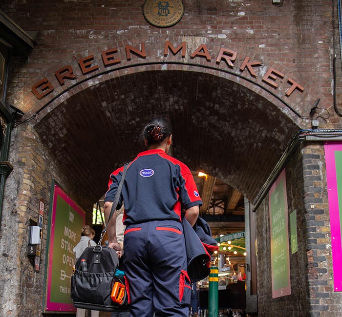 Pimlico engineer walking by Borough Market in Southwark