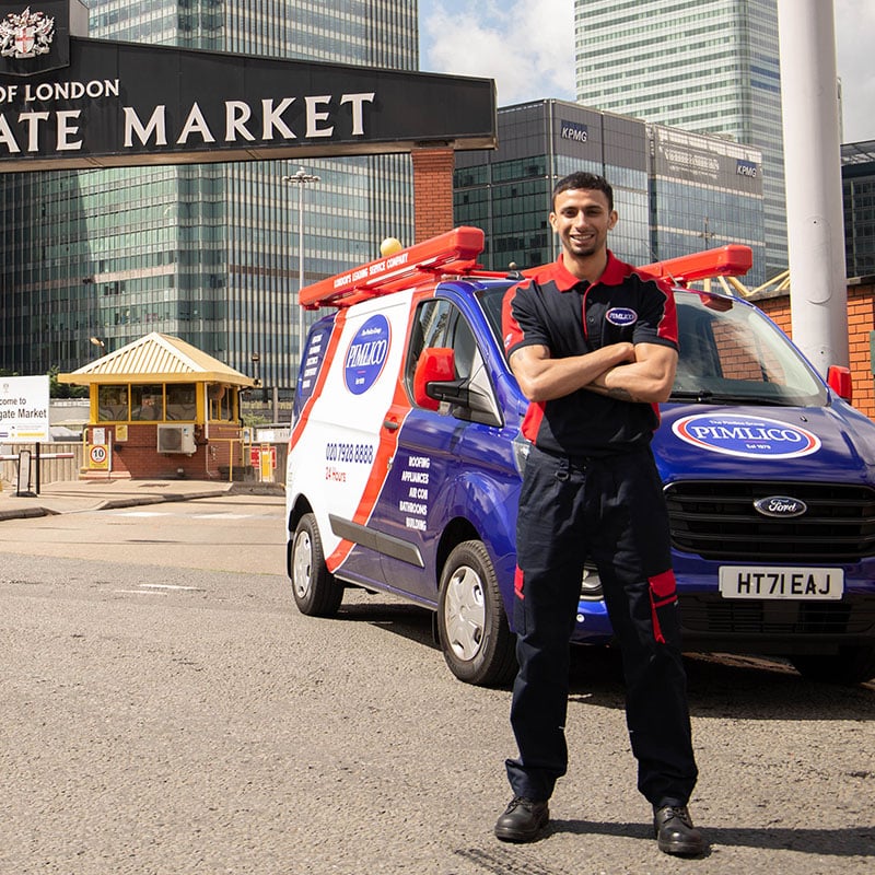 Pimlico engineer and van outside Billingsgate Market