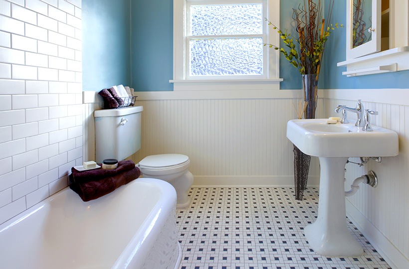 minimal bathroom with spotted tiles