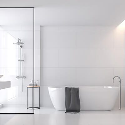 white minimal bathroom with tub