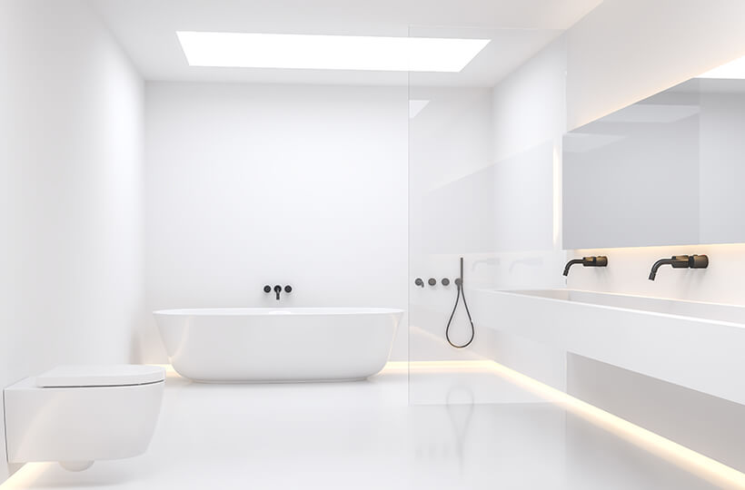 minimal white bathroom with ceiling light