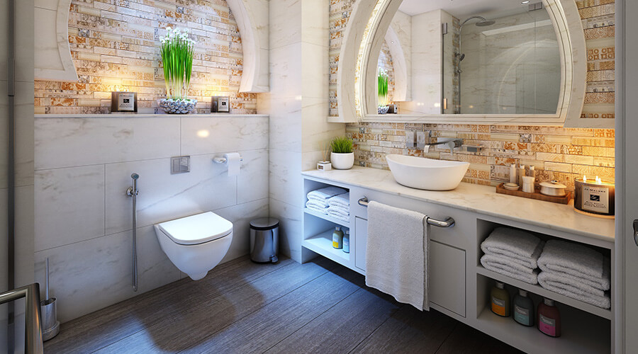 Chic and luxurious bathroom with brickwork walls and LED lights