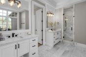 transitional bathroom with black and white design