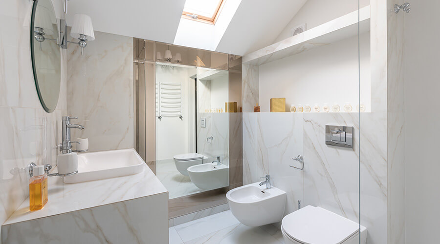 Dramatic contemporary polished marble design bathroom