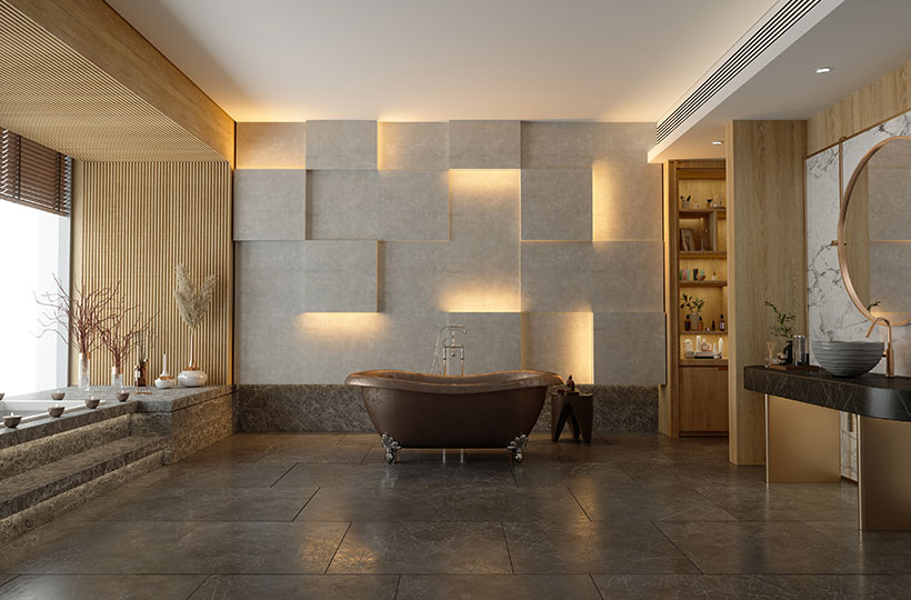 Contemporary bathroom with lighted tiles