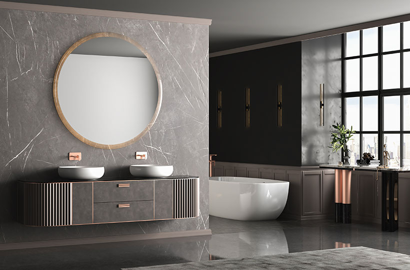 contemporary bathroom with oval mirror