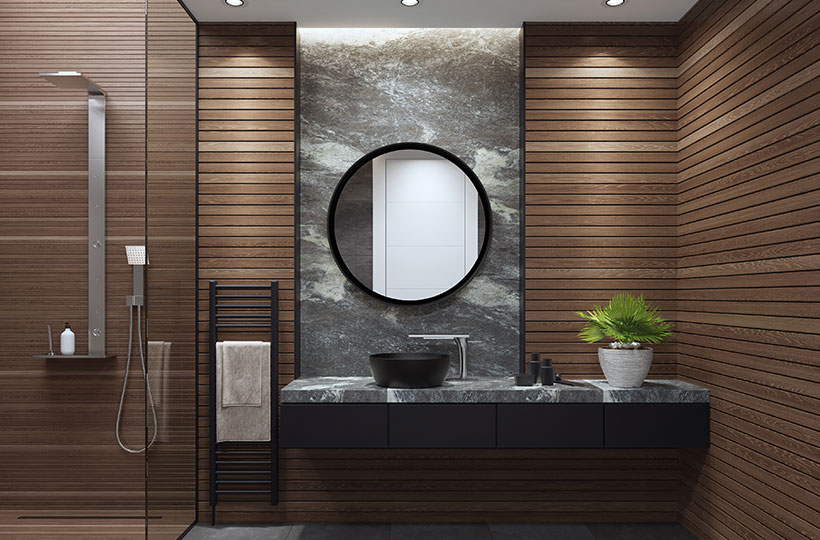 contemporary bathroom with wooden paneling