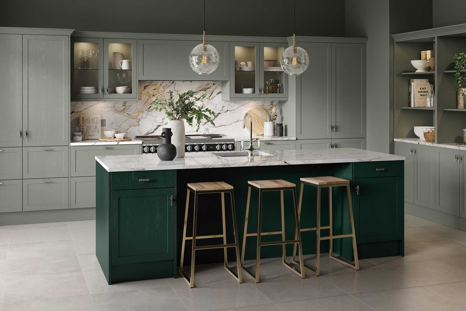 Oakham paint flow matt sage green and fir green kitchen