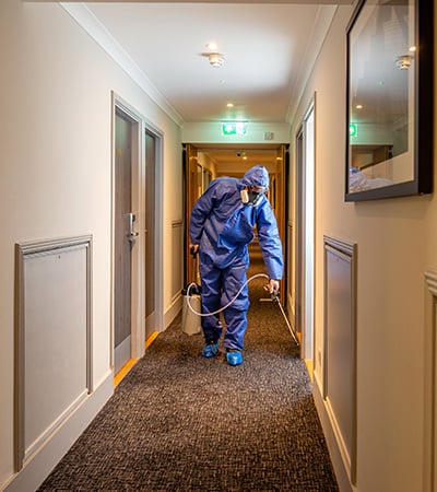 Pimlico pest control technician fumigating a corridor
