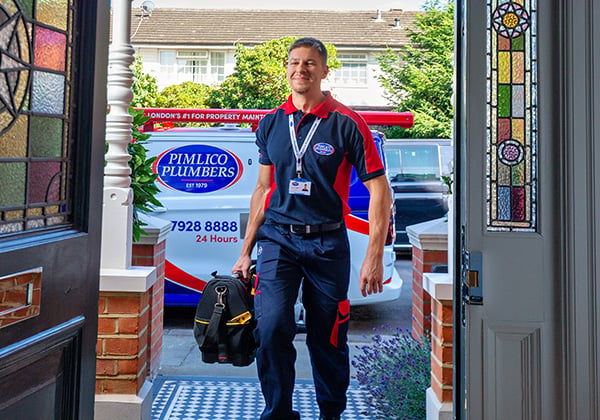 Plumber arriving with his tools at the front door