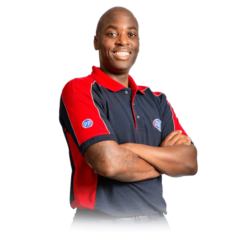 A smiling electrician with his arms folded on a transparent background