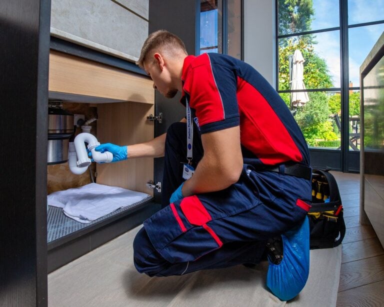 A plumber crouched under a kitchen sink with a pipe part in his hands