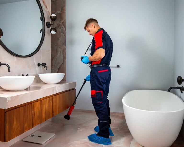 A plumber using a long damp detection tool in a bathroom, checking a device around his neck