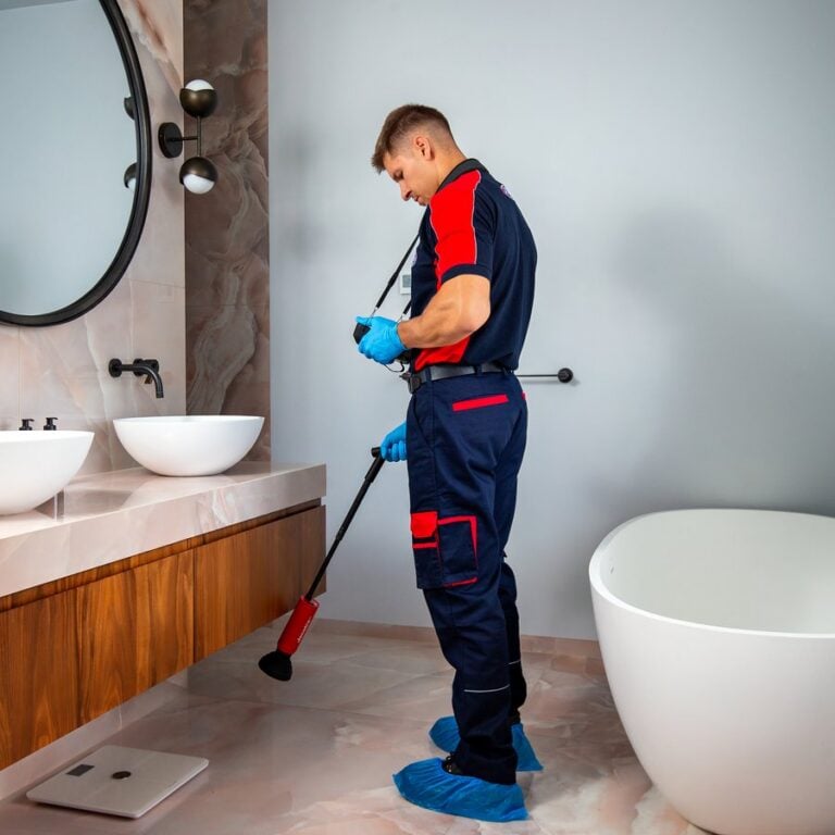 A plumber using a long damp detection tool in a bathroom, checking a device around his neck