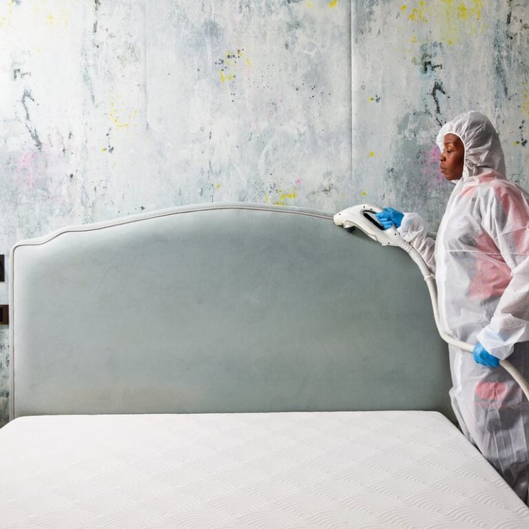 A pest control specialist in protective gear, using a tool on a bedframe