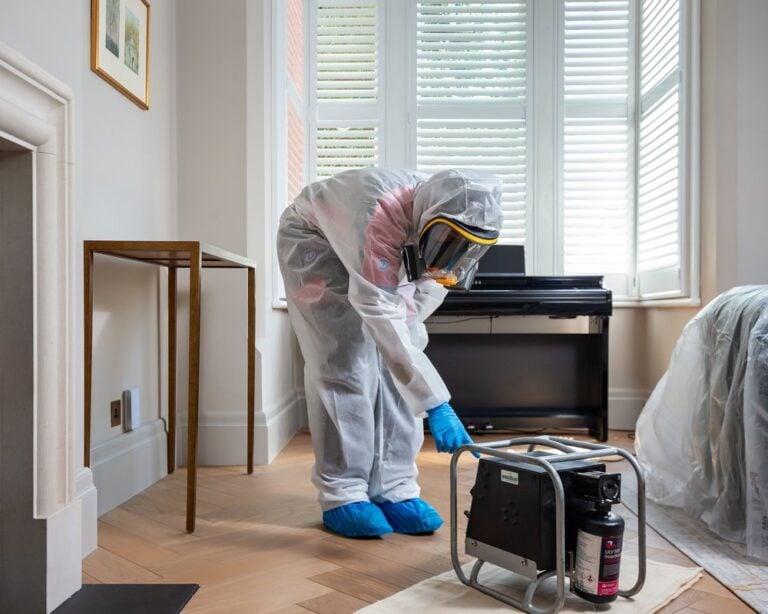 A pest control specialist in protective gear, using a fumigation tool