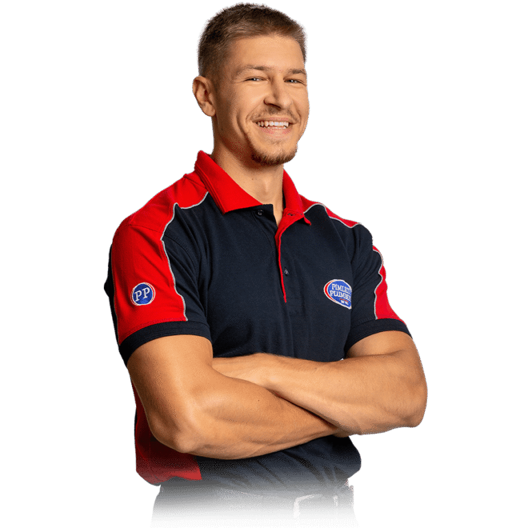 An outline of a plumber smiling